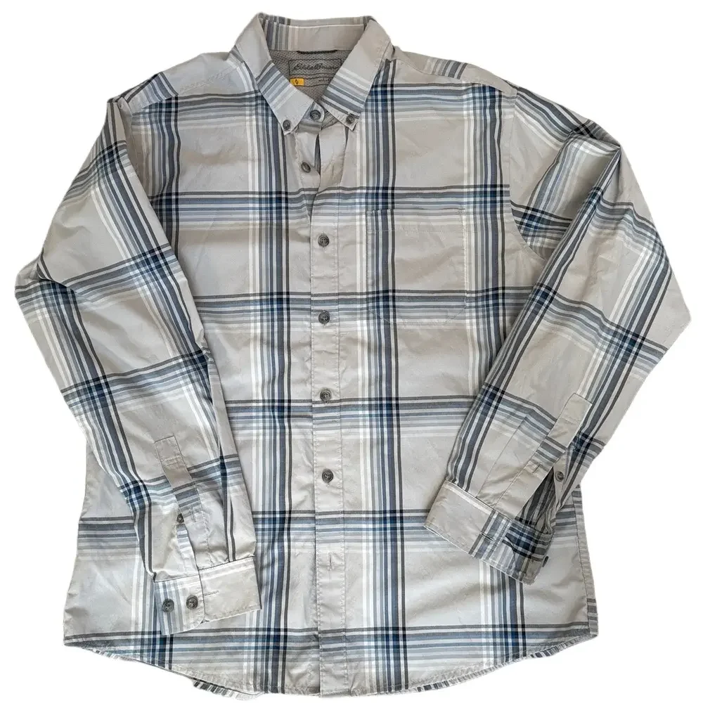 Eddie Bauer Button Up blue plaid Shirt Mens sz L Long Sleeve