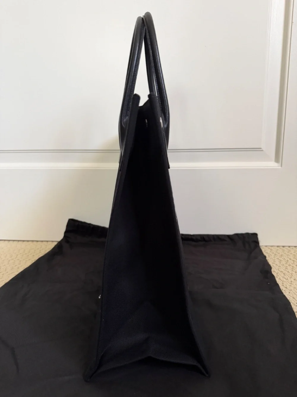 Saint Laurent YSL Rive Gauche Black White Canvas Logo Leather Tote Bag