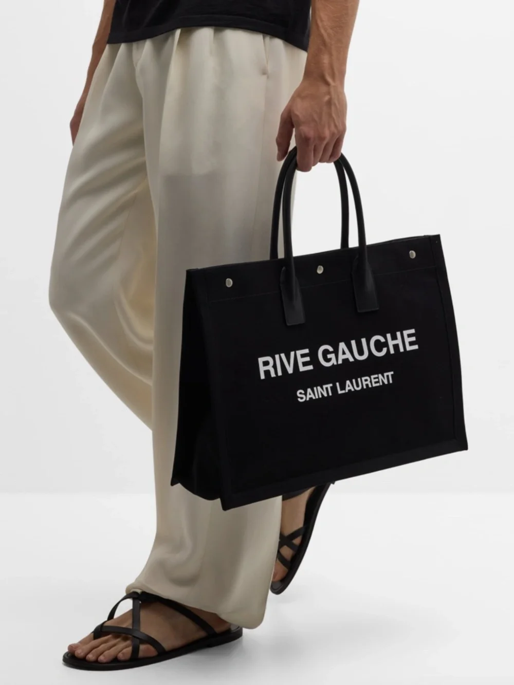 Saint Laurent YSL Rive Gauche Black White Canvas Logo Leather Tote Bag