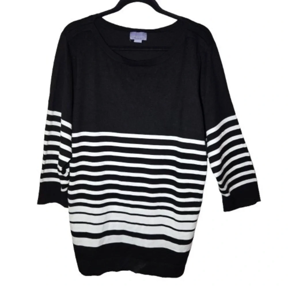 Laura Scott Black White Striped 3/4-Sleeve‎ Boat Neck Pullover Sweater 3X