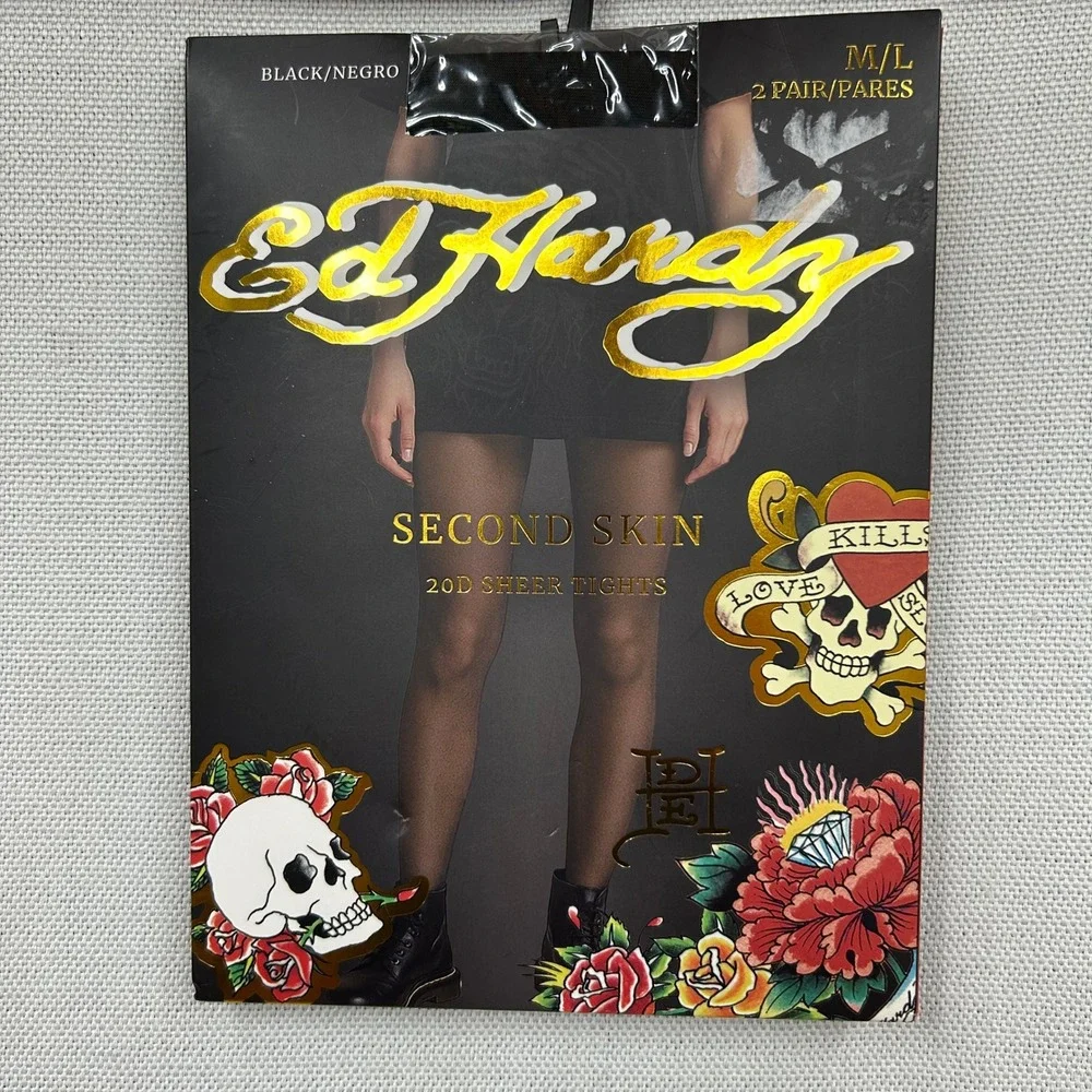 Ed Hardy Second Skin 20D Sheer Tights Black M/L 2 Pair Pantyhose Y2K Gothic NEW