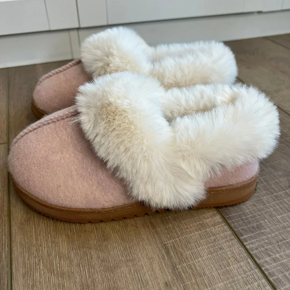 Dearfoams DLuxe Kids Slippers Pink Faux Fur Trim Scuff‎ Small US 5-6 EU 36-37