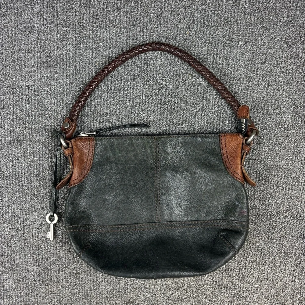Fossil Black Brown Leather Hobo Shoulder Bag Braided Strap Key Charm