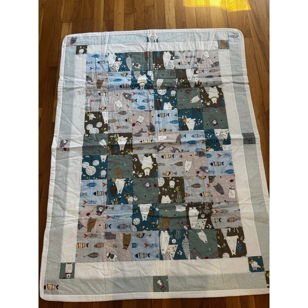 Handmade Bear And‎ Fish Patchwork Baby Boys Quilt Nursery Crib Blanket 37x49