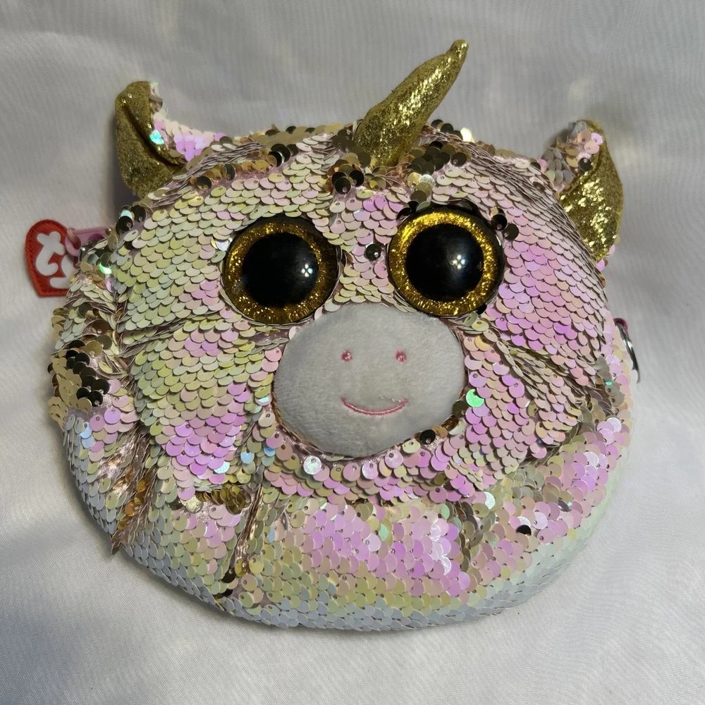 TY UNICORN PURSE Flippable Gold Sequins Hearts Lined‎ Adjustable Shoulder Strap