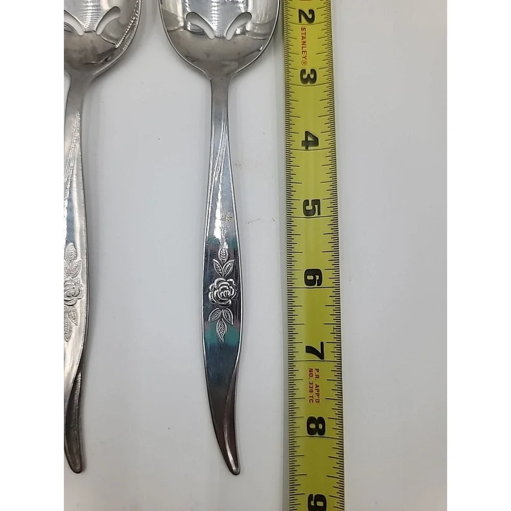 2 Hanford Forge AVON ROSE Stainless Flatware‎ Silverware Pierced Serving Spoons