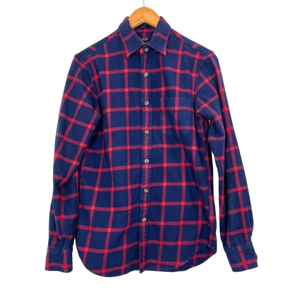 J. Crew Mens Slim Flannel Shirt Navy Blue Red Plaid Windowpane Men's  Sz Small‎