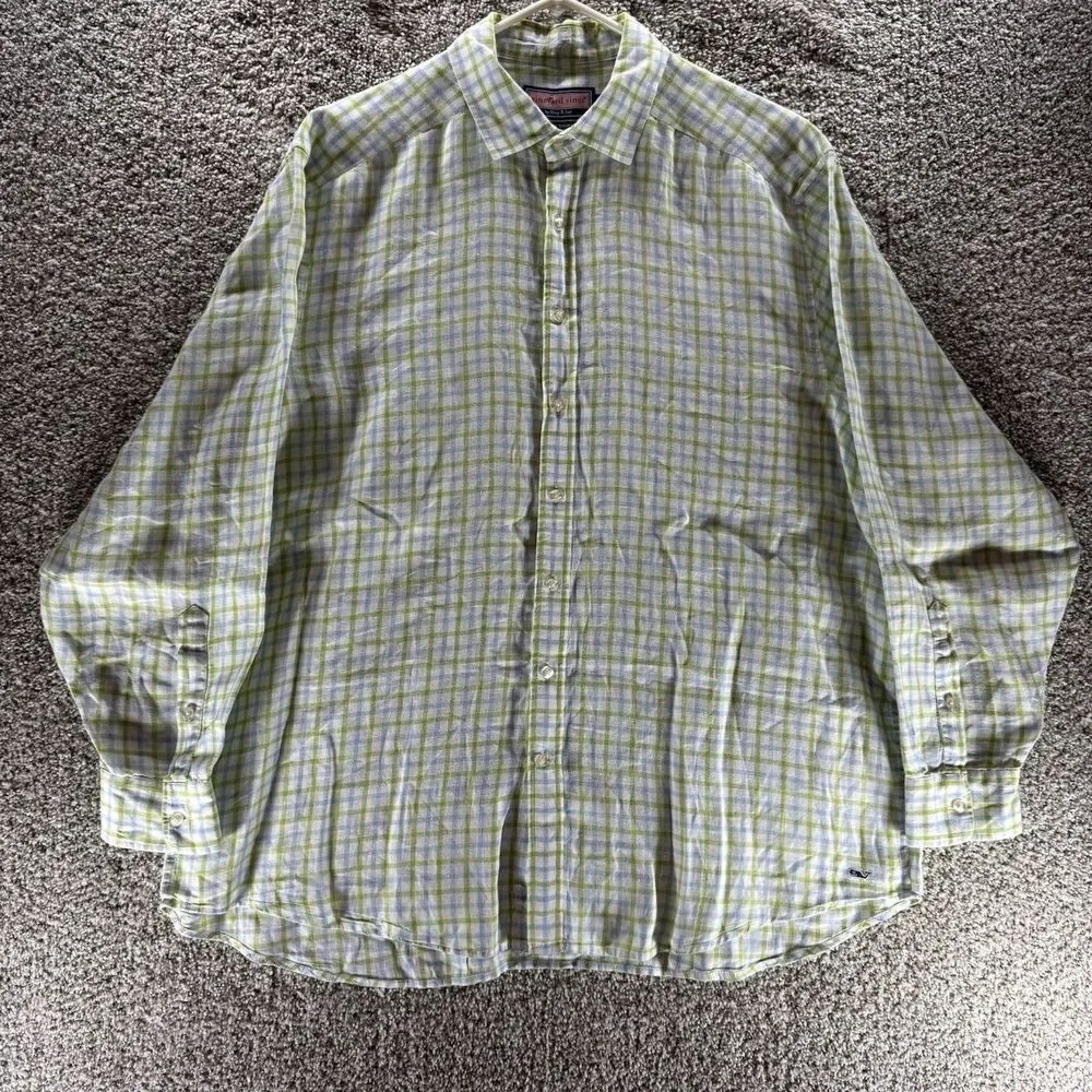 Vineyard Vines Linen Shirt Mens Extra Large Green Blue Plaid‎ Button Up Adult