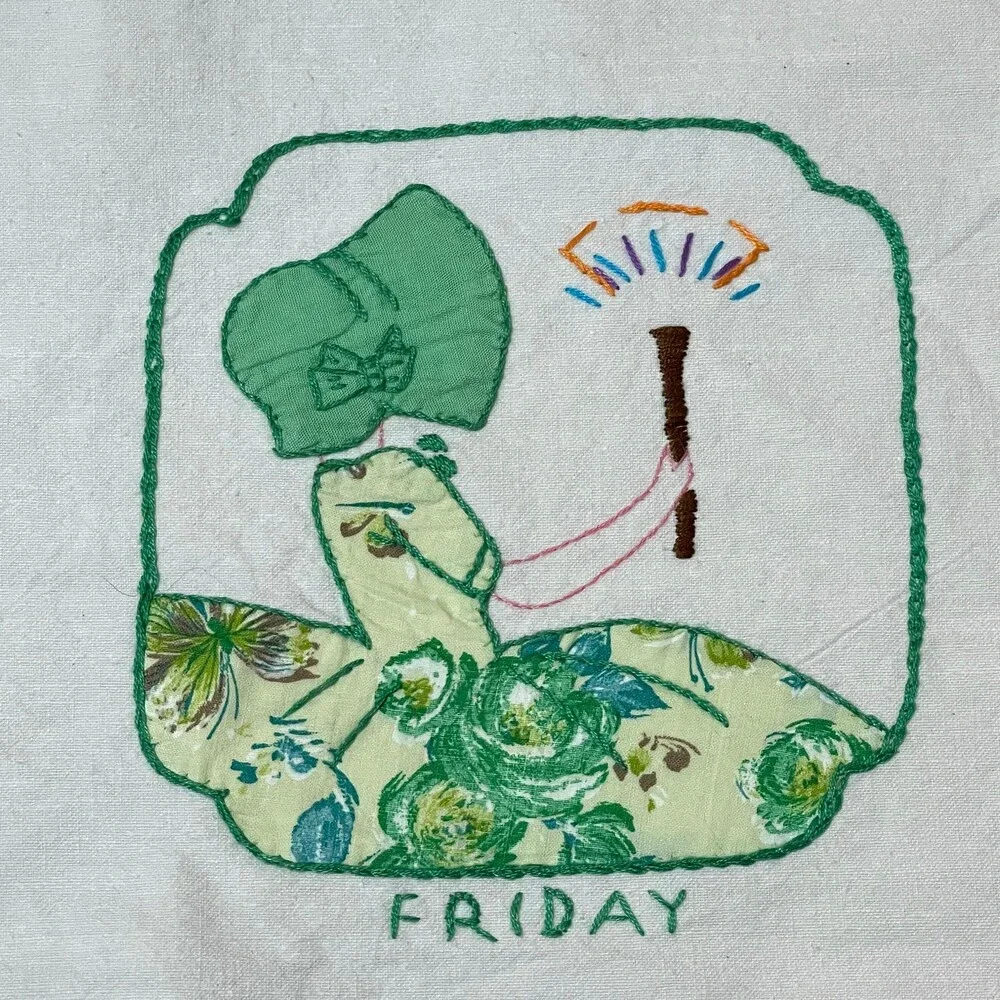 Vintage Flour Sack Embroidered Friday Green Bonnet Girl Tablecloth 39x29