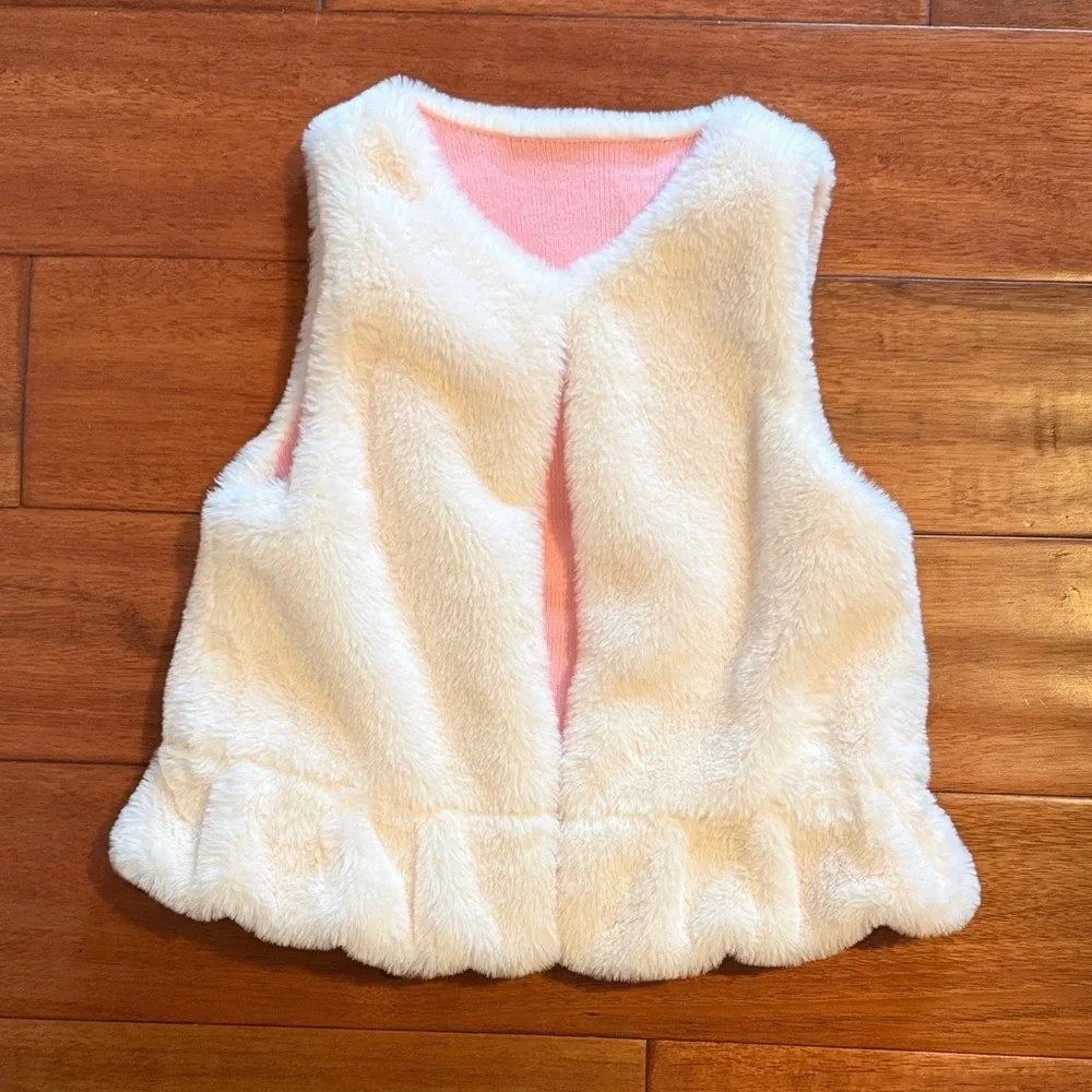 Fluffy White and Pink Vest Girls Size 7/8 Faux Fur