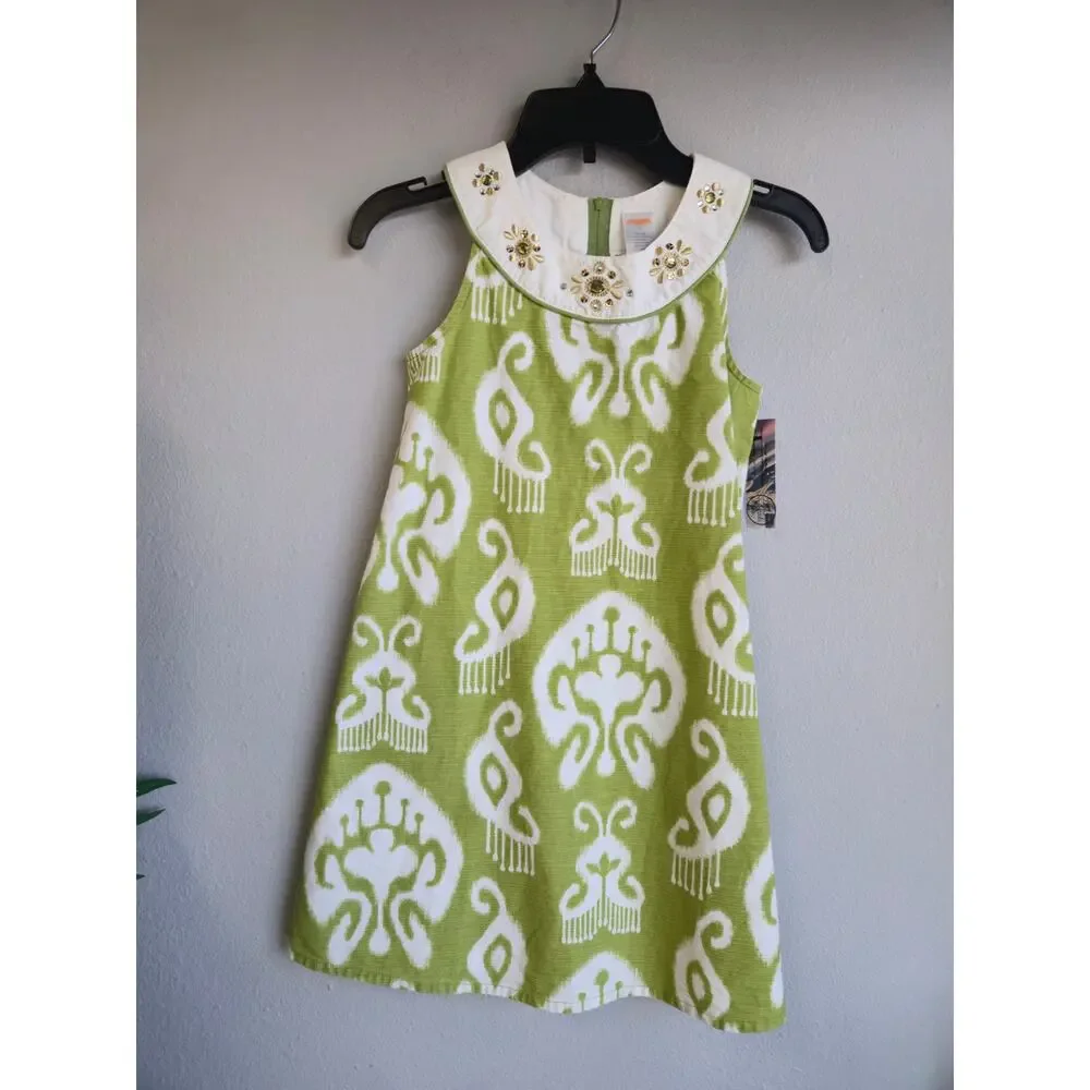 Gymboree Girls Green White‎ Ikat Bejeweled Collar Sleeveless Dress Size 8 2010=0