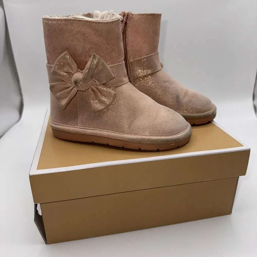 Michael Kors Girls Toddler Size 8 Pink Gold Shimmer Bow‎ Faux Fur Winter Boots