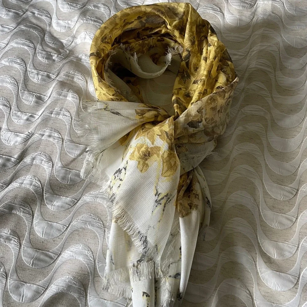 Large mustard yellow Floral scarf Shawl Wrap Lightweight Silk‎ 46.5