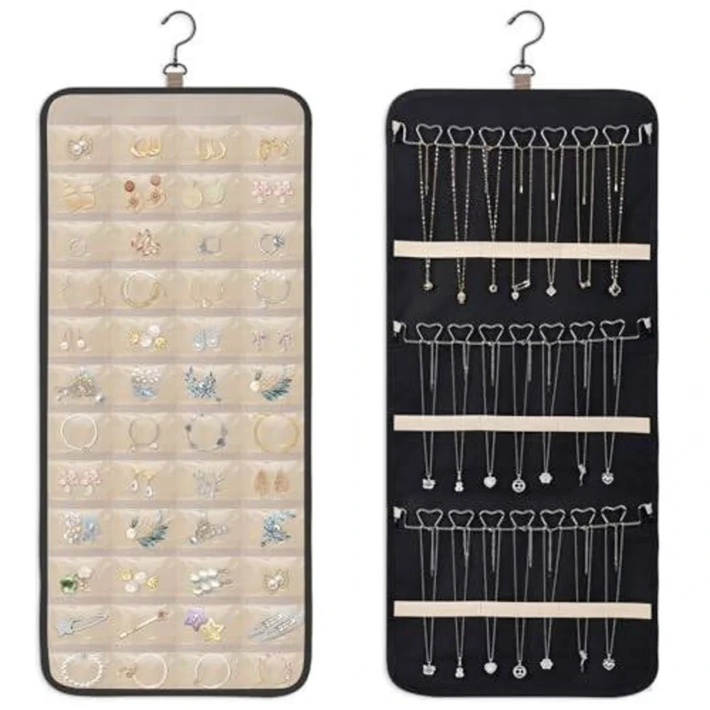Double Sided Hanging Jewelry Organizer 40 Pockets 20 Hooks Necklace Holder Black