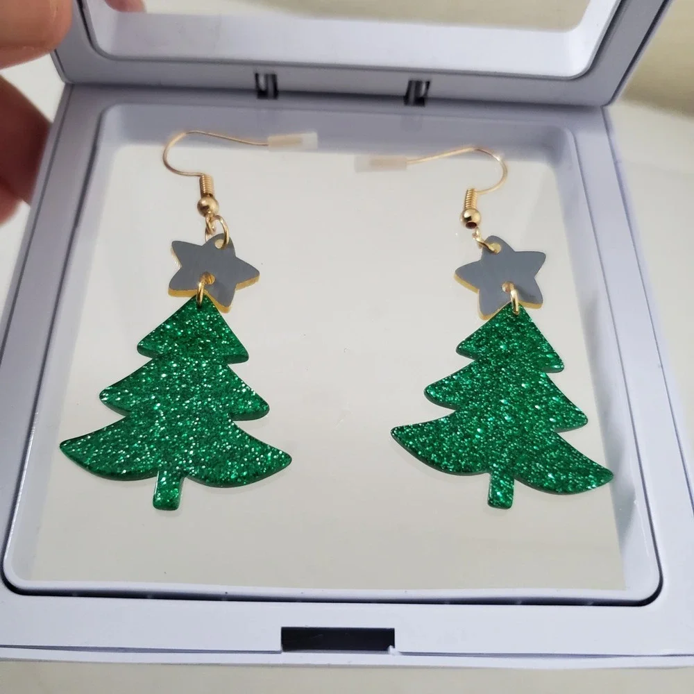 Green Glitter Christmas Tree Earrings Gold Star Acrylic Holiday Dangle Hooks