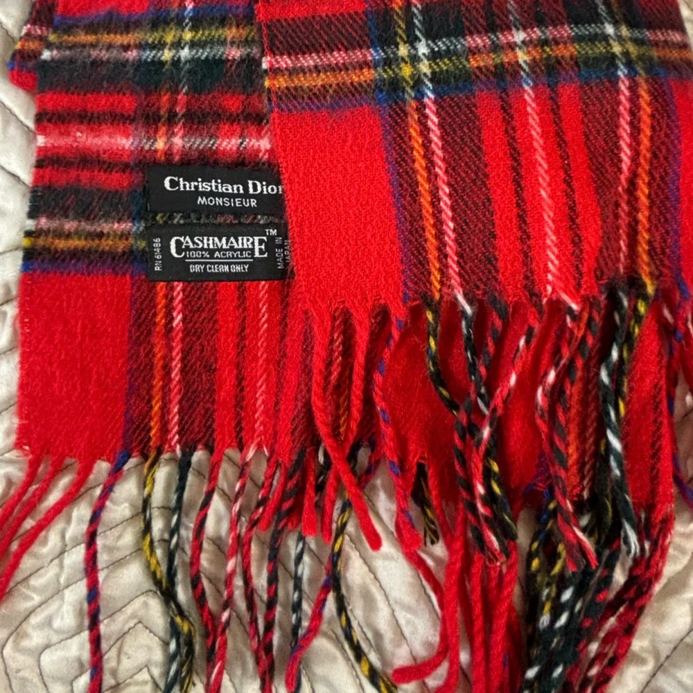 Christian Dior Monsieur Vintage Red Plaid Cashmaire Scarf Made in Japan