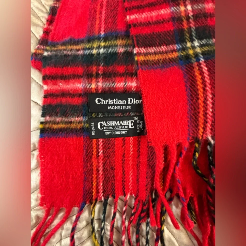 Christian Dior Monsieur Vintage Red Plaid Cashmaire Scarf Made in Japan