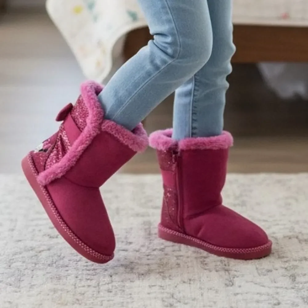 DISNEY Minnie Mouse Girls Pink Glitter Suede Sherpa Boots - Size: 10T