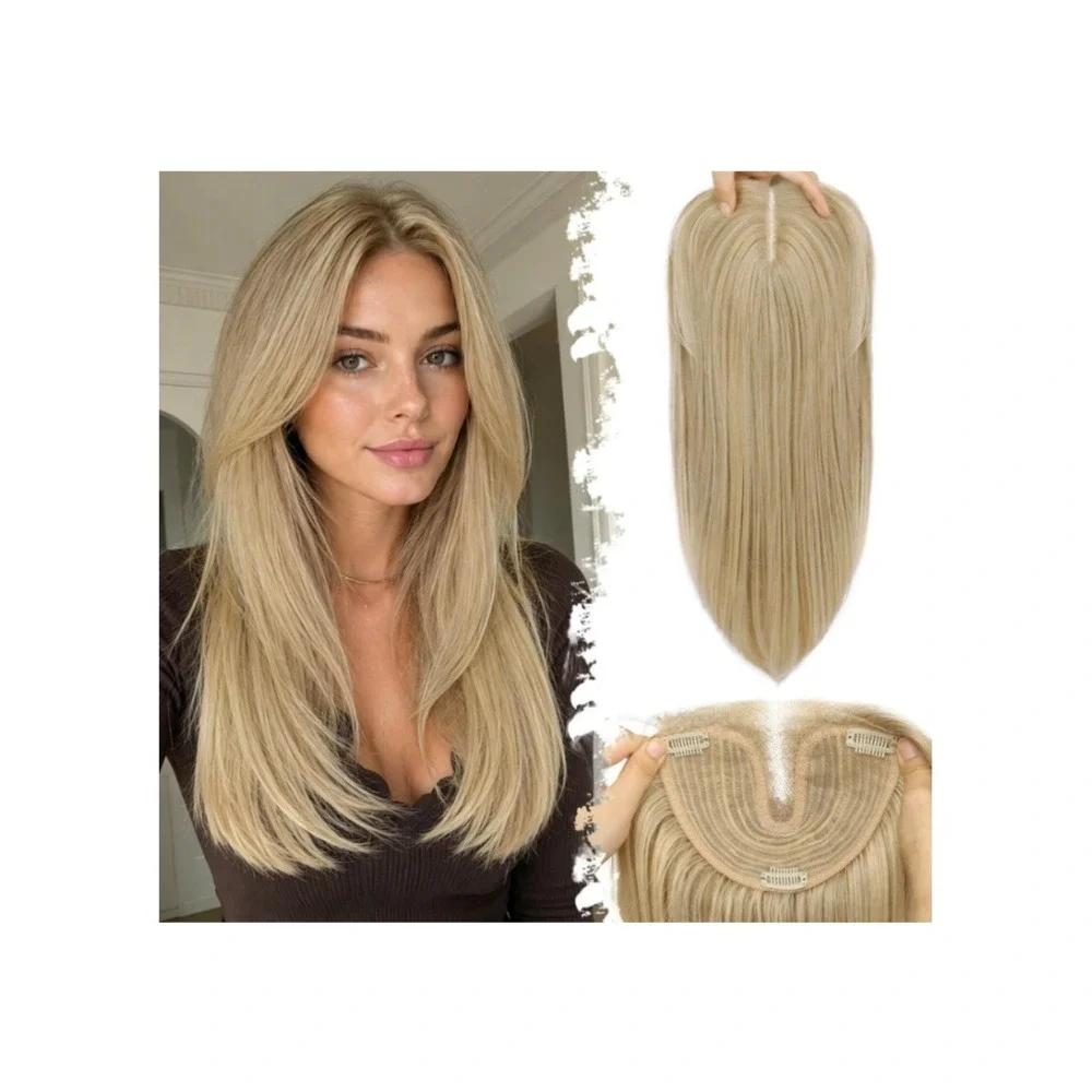 Blonde Synthetic Hair Topper 18 Inch 5x6 Base Clip In Wispy Bangs Layered Piece