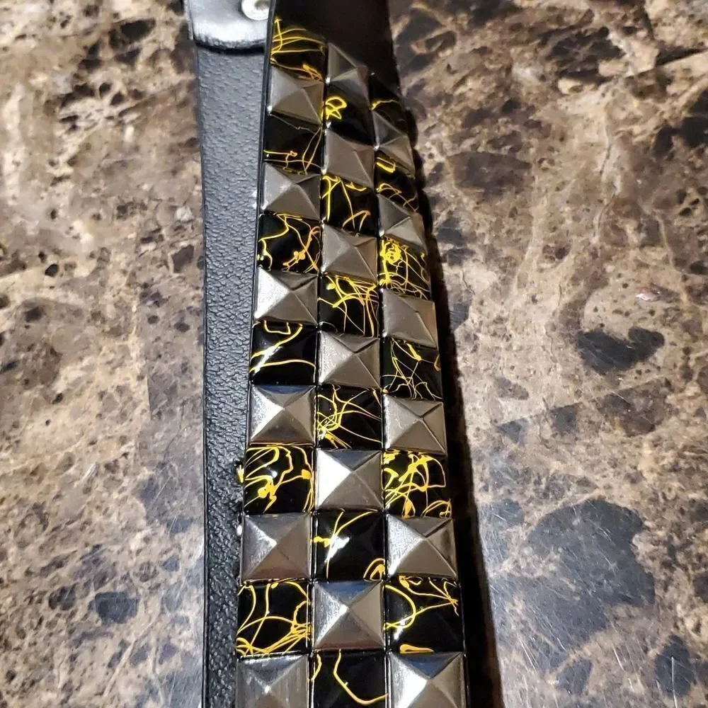 1.5 inch pyramid studded belt - yellow black silver