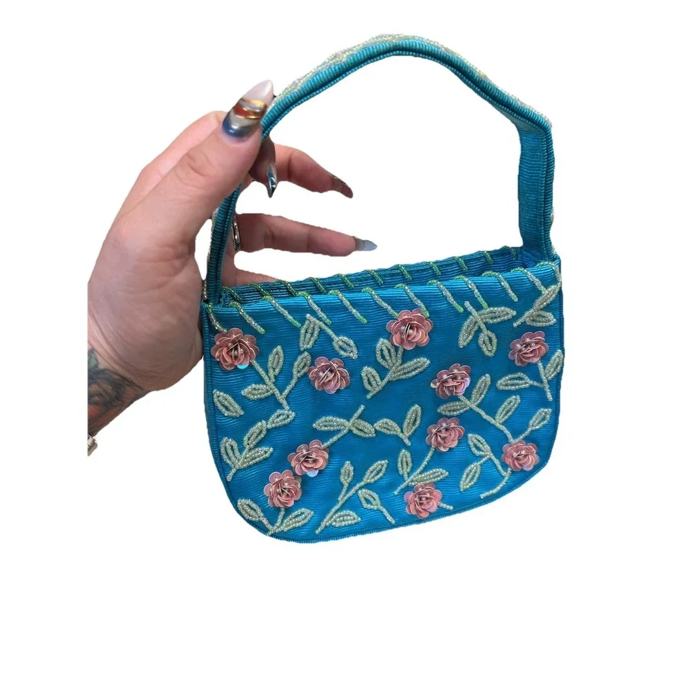 Franchi Beaded Floral Evening Bag Blue Sequin Rose Purse Vintage Y2K Fairy