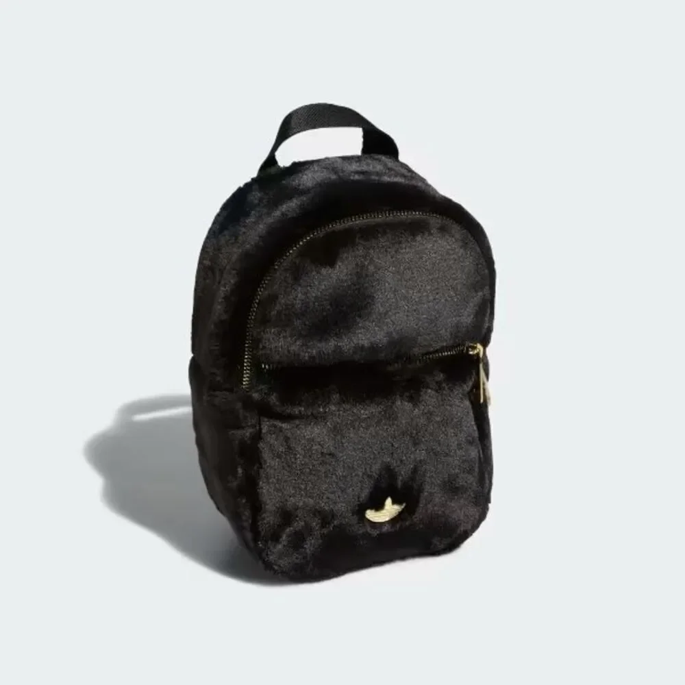 ADIDAS Black Faux Fur Adjustable Mini-Backpack Gold Trefoil Hardware