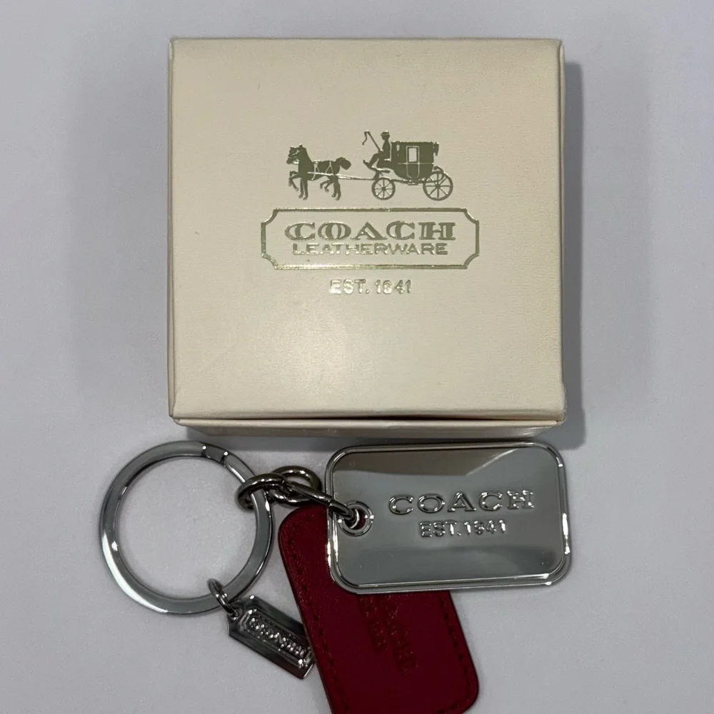 Coach Silver Keychain Keyring Red Leather and Silver Tags LIKE NEW CONDITION