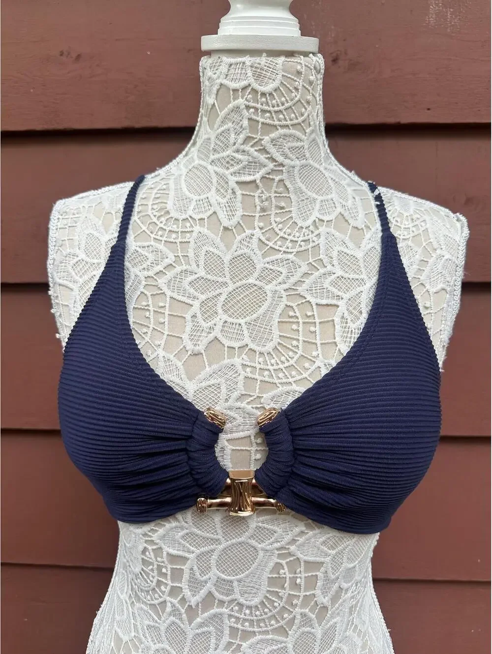 NWT Zaful Navy Ruched Ring Front Bikini Top Y2K Vacation Swimwear