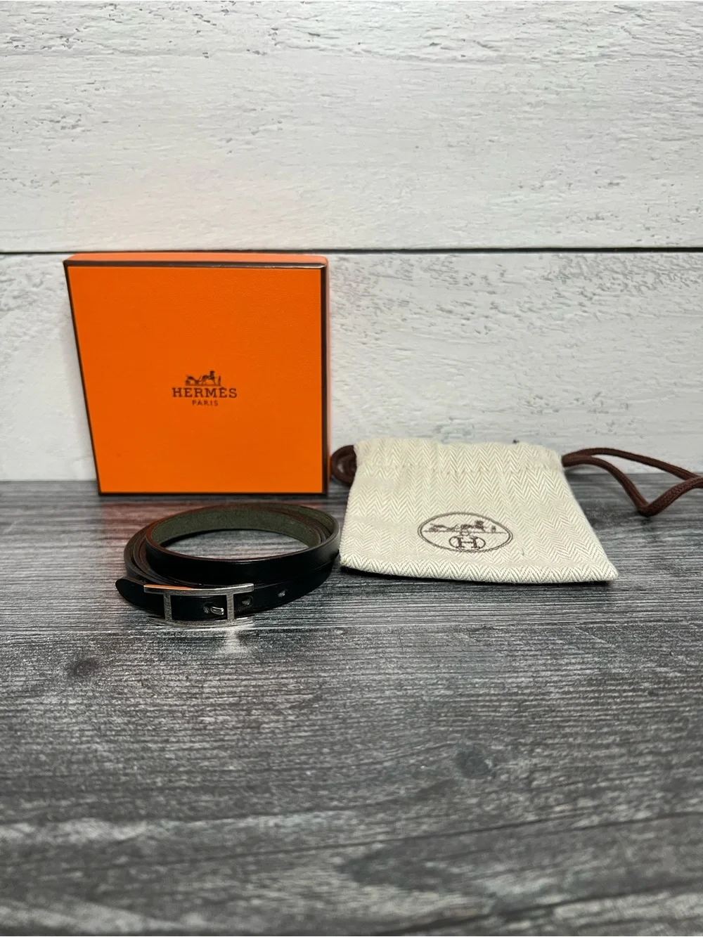 Hermes Black Leather Double Tour Bracelet with Silver Buckle