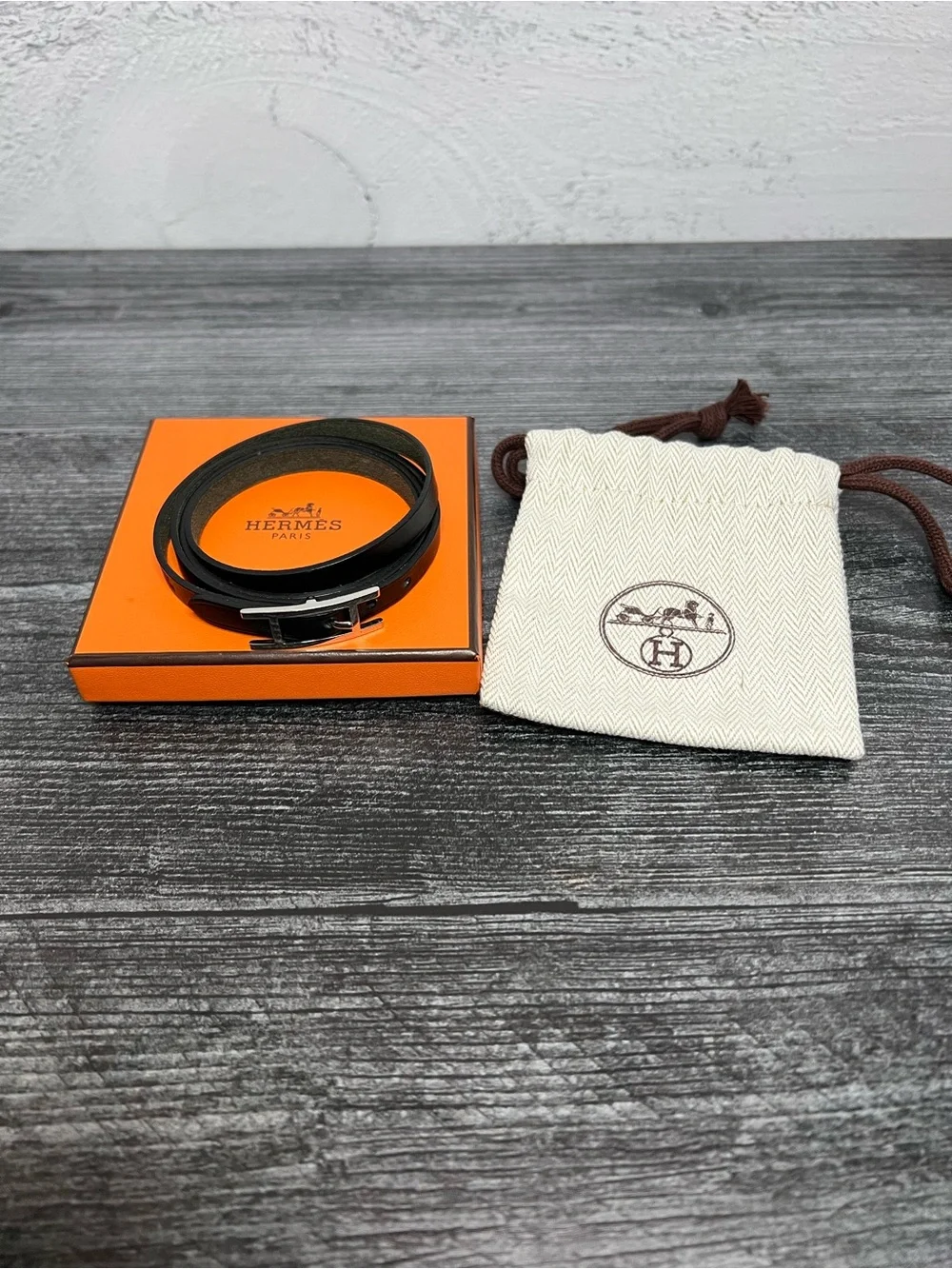 Hermes Black Leather Double Tour Bracelet with Silver Buckle