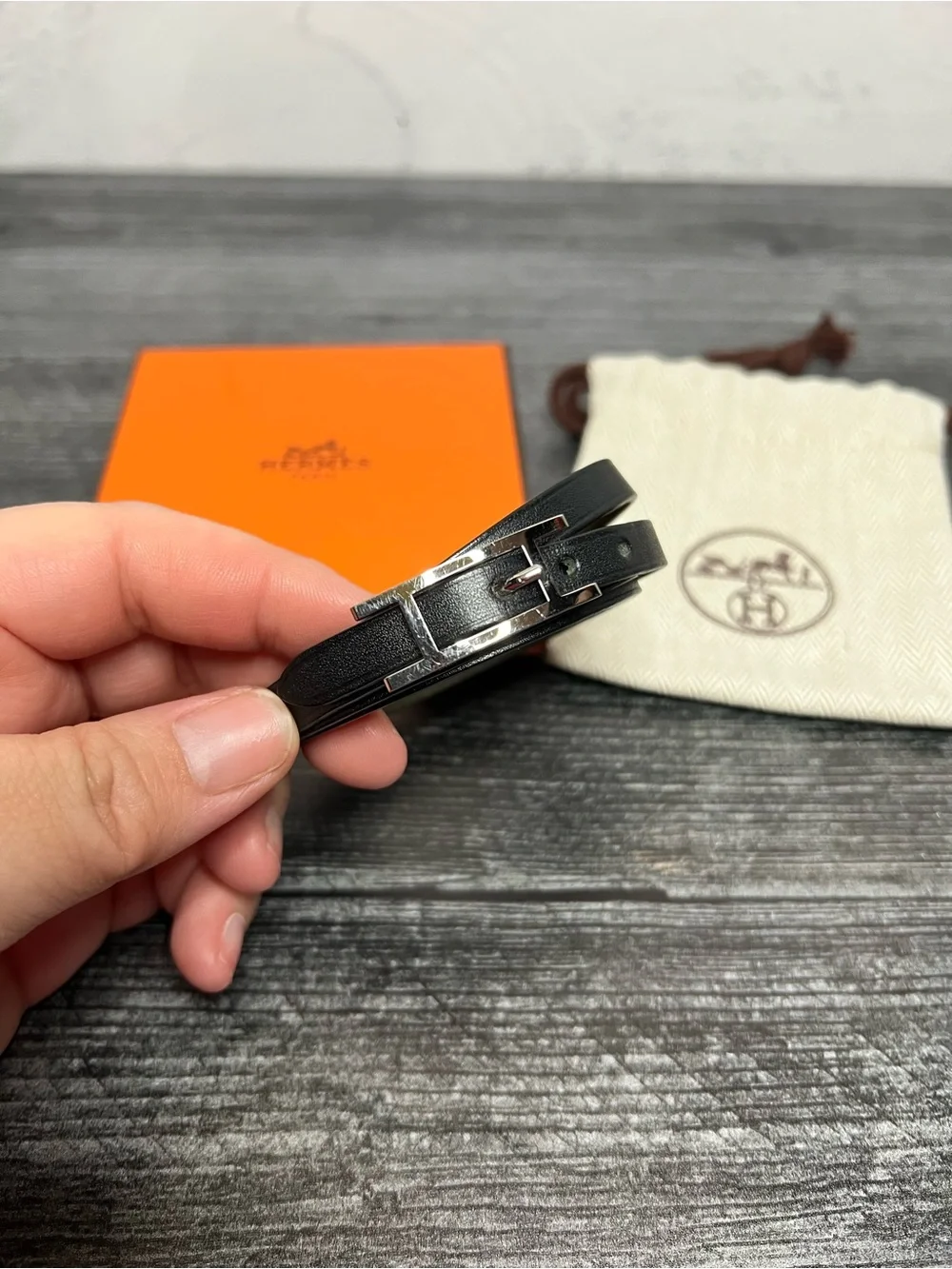 Hermes Black Leather Double Tour Bracelet with Silver Buckle