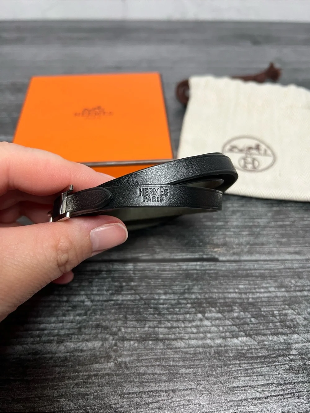Hermes Black Leather Double Tour Bracelet with Silver Buckle