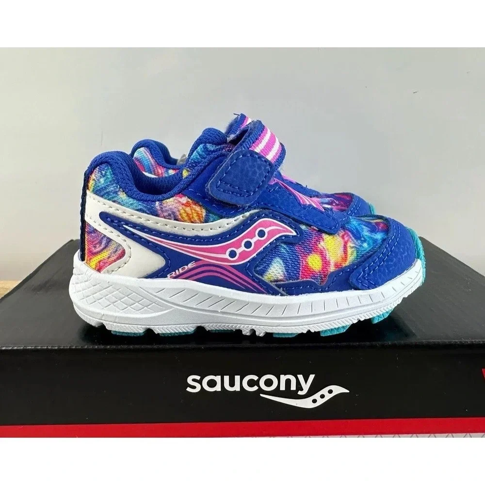 Saucony Ride 10 Jr Blue/Rainbow Swirl Running Shoes / Toddler Little Kids 4