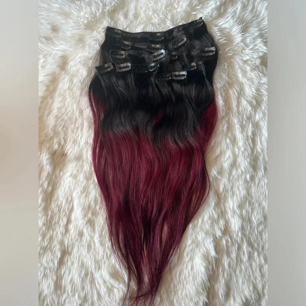 16 Inch Clip in Hair Extensions Ombre black to Burgundy