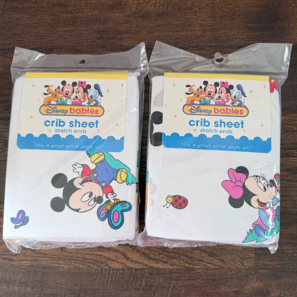 2- VIntage Disney Babies Crib Sheets Kids‎ Mickey Minnie Natures Friends USA 90s