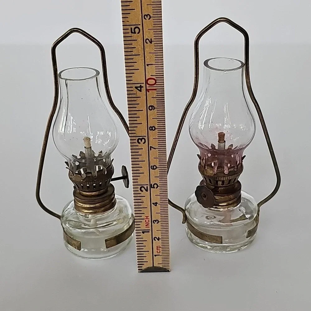 Set Of 2 Vintage Miniature Oil Hurricane Lamps Kerosene Decorative Brass 1745