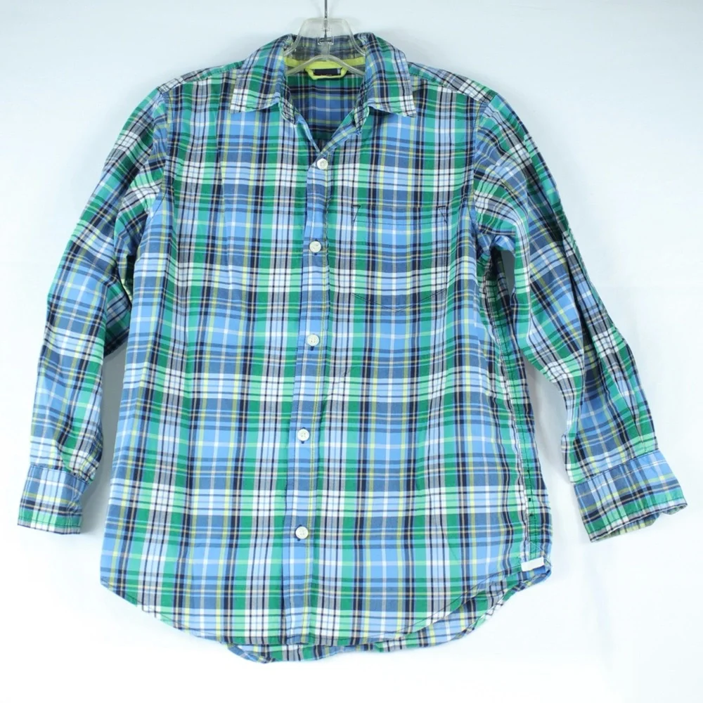 Gap Kids Blue & Green Plaid Flannel Long Sleeve Button Up Shirt Boys Size L