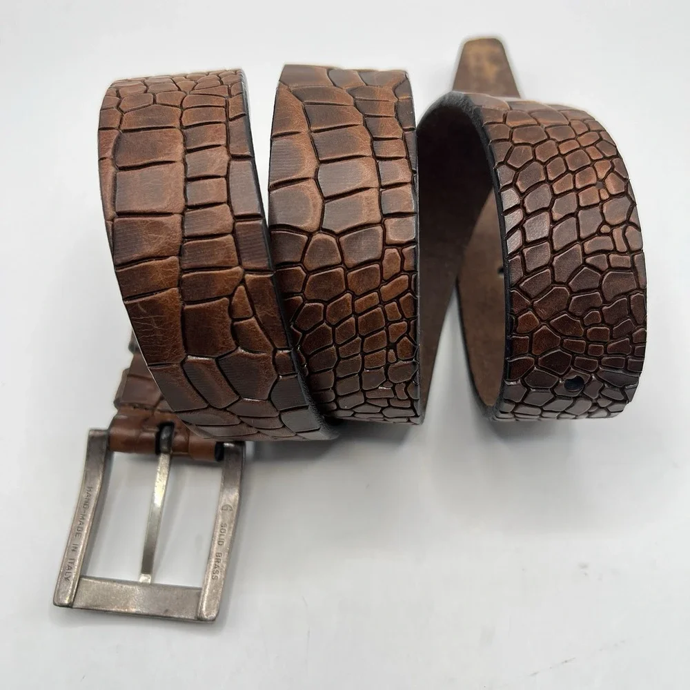 Allen Edmonds Handcrafted USA Leather Belt Brass Buckle Italy 36 Brown Reptile