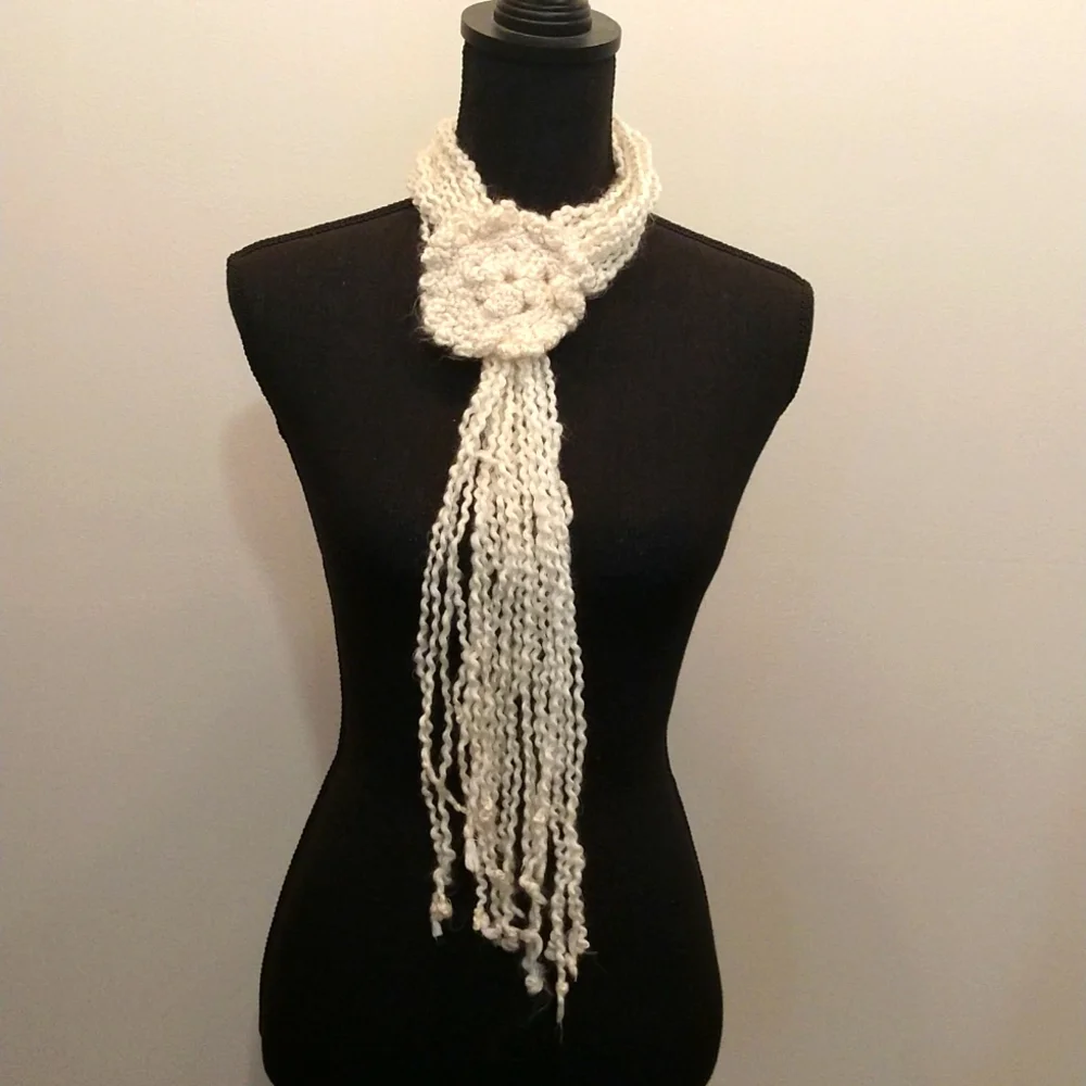 Beautiful Homemade Crochet Scarf Flower‎ Knit Yarn Cream Ivory Winter Adjustable