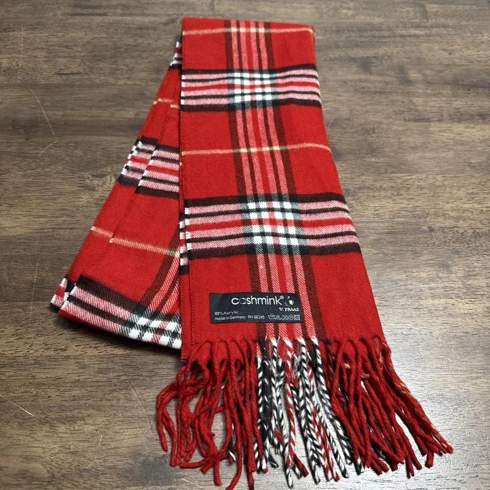 100% Acrylic Cashmink V Fraas Red Plaid Winter Scarf Tartan 12x60 Germany