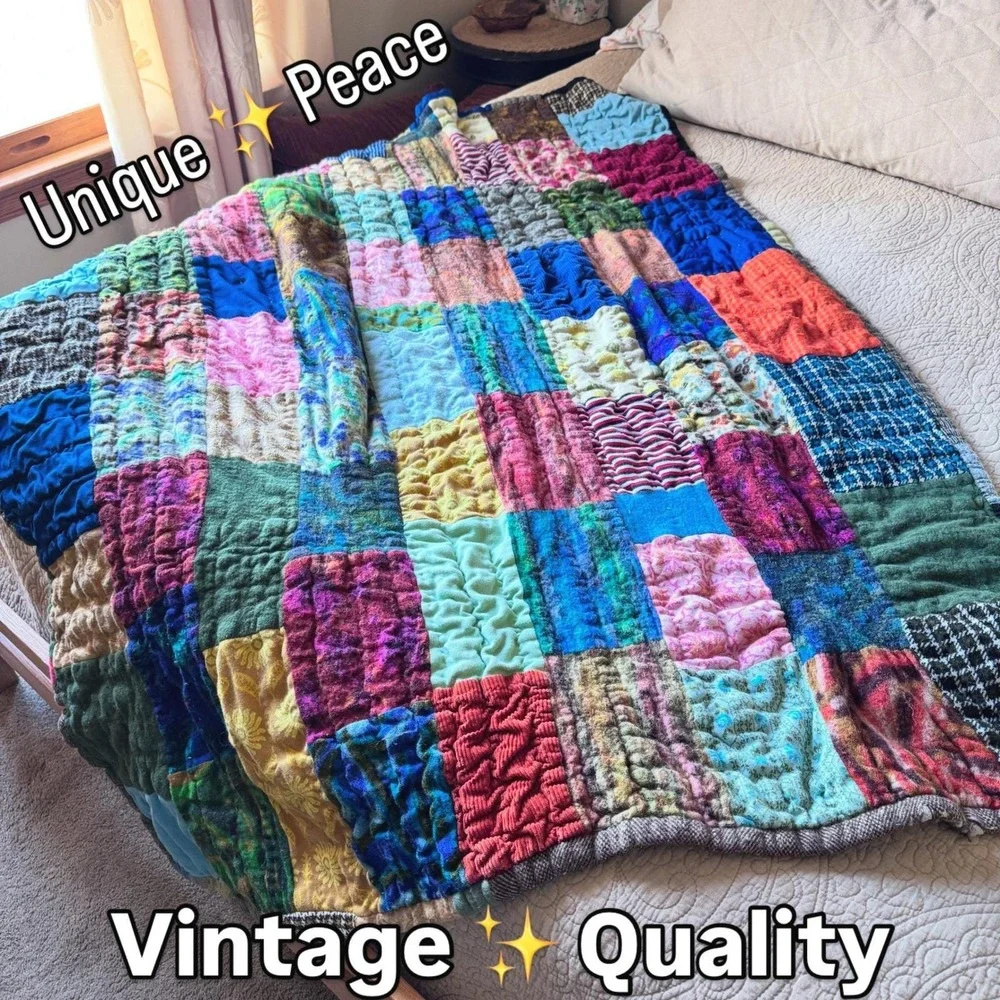 Patchwork Quilt Unique Vintage Handmade Blanket‎ Cozy Bohemian Eclectic Colorful