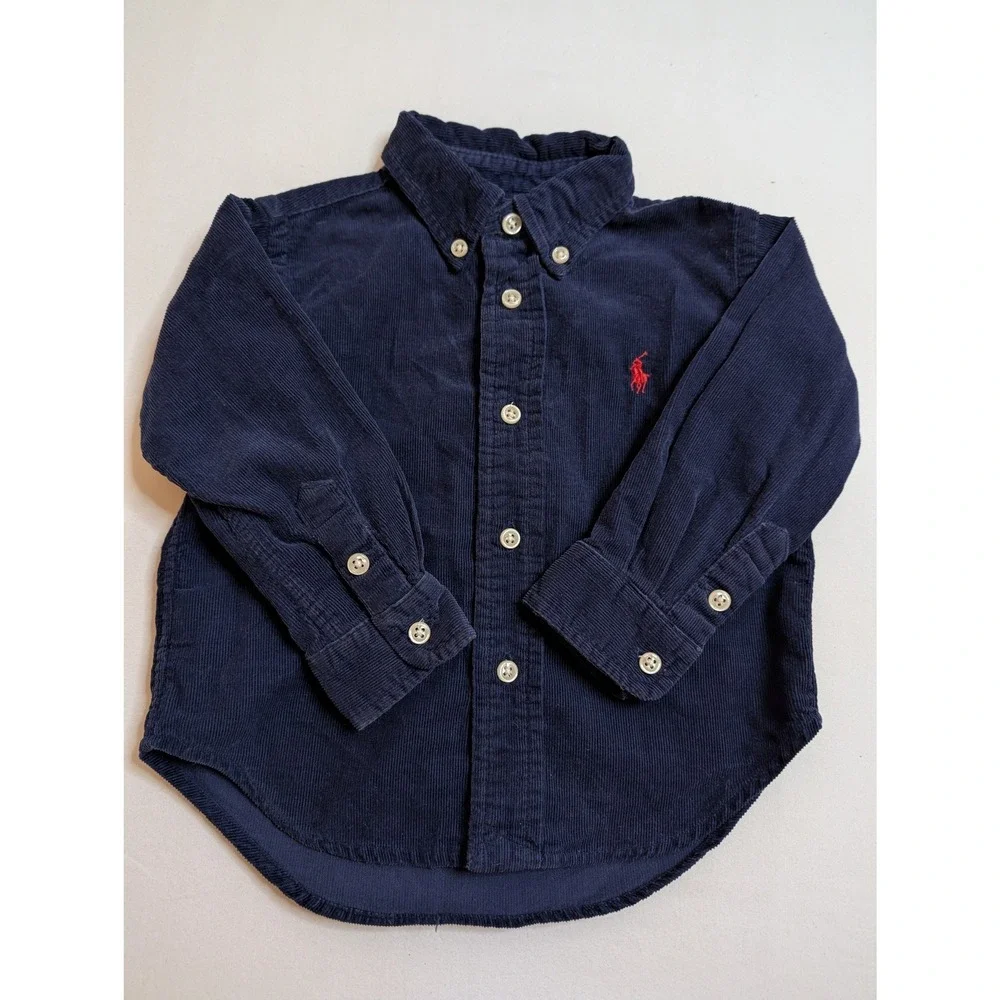 Ralph Lauren Navy Corduroy Button Down Shirt Long‎ Sleeve Pony Logo Kids 18M