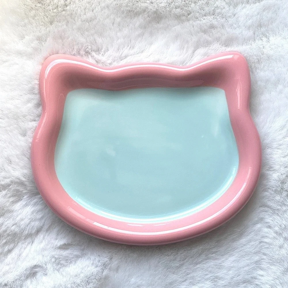 New Ceramic Cat Plate Whisker Fatigue‎ Friendly Pastel Pink Blue Kitty Dish