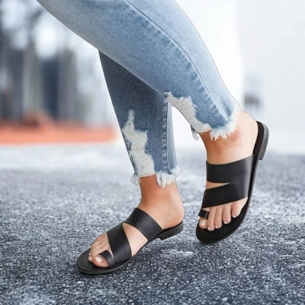 Free People Sandals Leather Loop‎ Toe Black Wash Slide Abilene EU 36