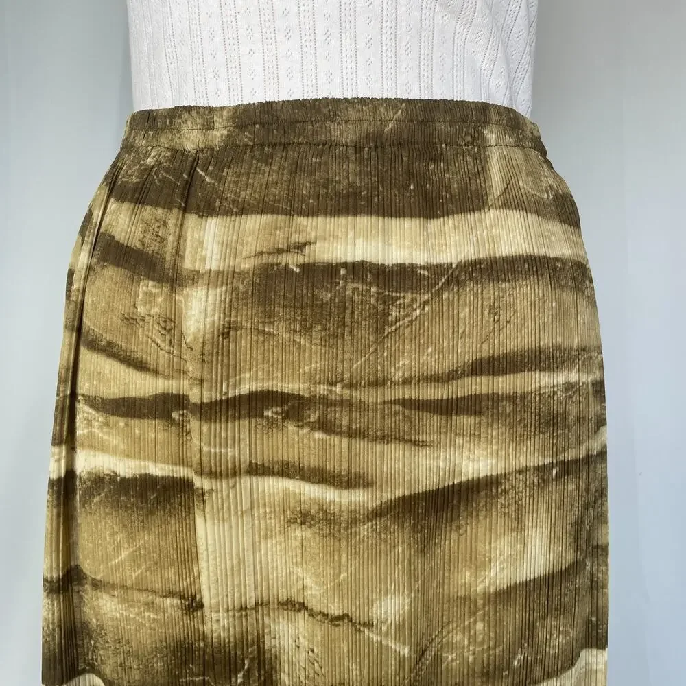 Boho Midi Skirt Size Small Green Brown Abstract Crinkle Pleated Fairy Whimsigoth