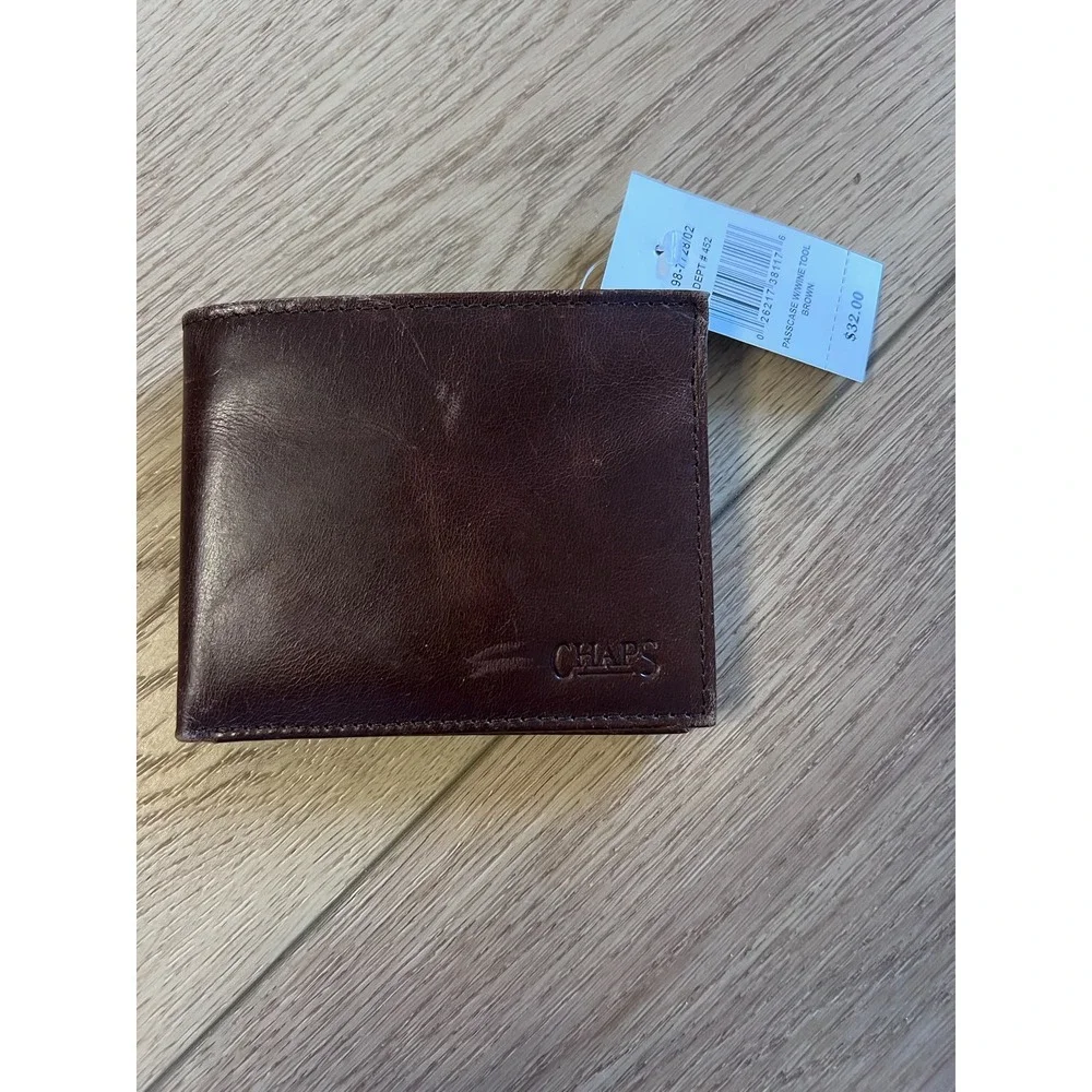 Chaps‎ Mens Brown Leather Bifold Passcase Wallet With ID Window