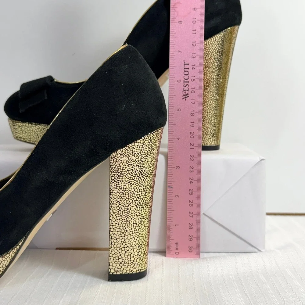 Menbur Womens Heels 40 Suede Peep Toe Platform Bow Gold Block Heel Black