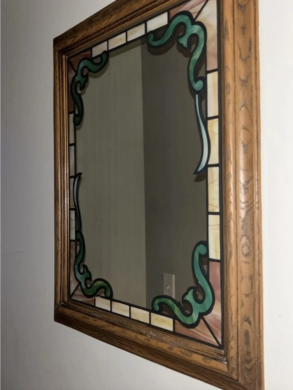 Wood Frame Mirror with Green Stained Glass Accents