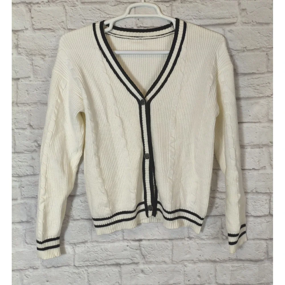 Cream With Navy Trim V-Neck Cable Knit Cardigan Vintage Preppy Lg Folklore Swift