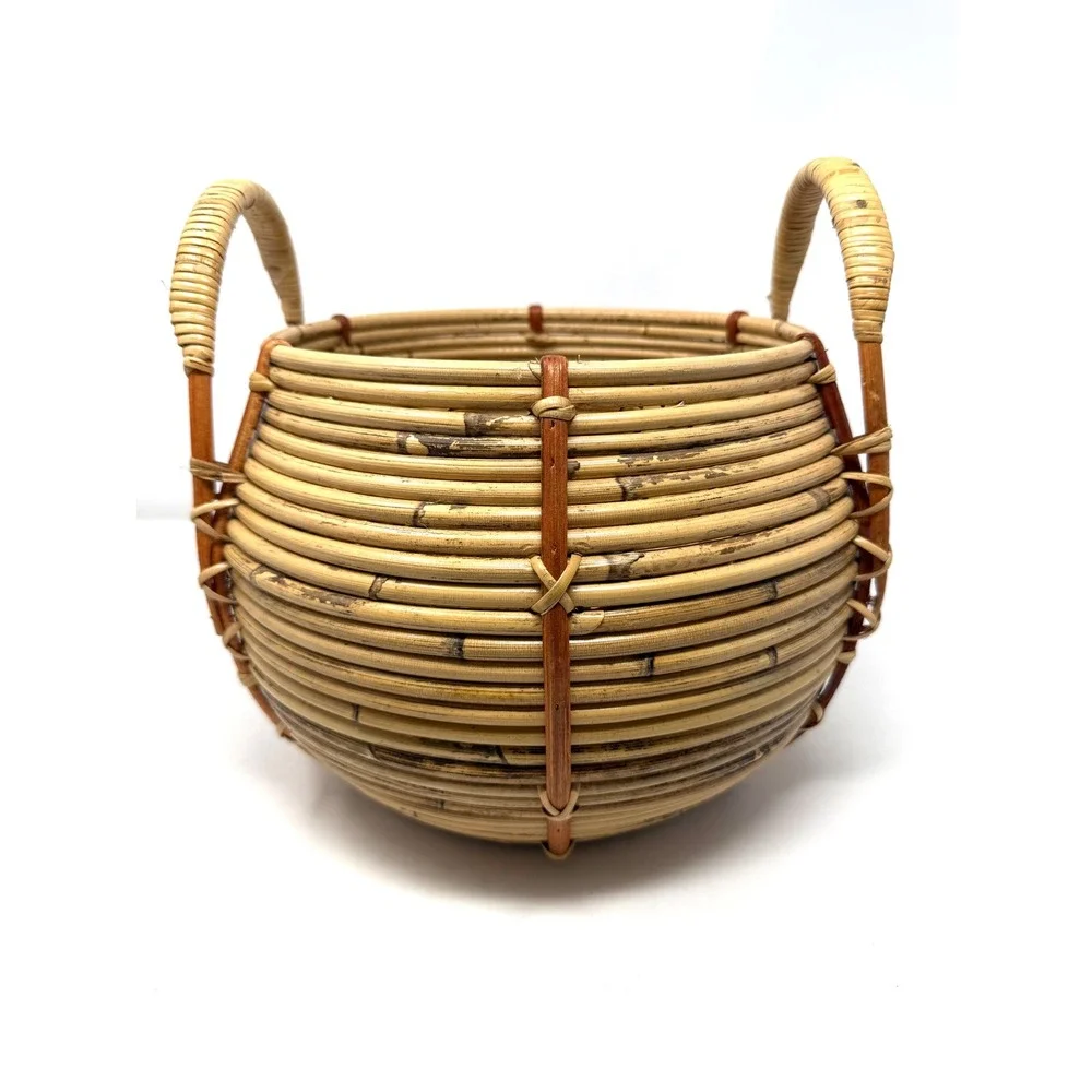 Handwoven Coiled Rattan Basket Round Bulbous Boho Storage with Handles
